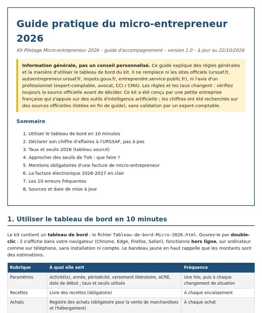 Première page du guide pratique du micro-entrepreneur 2026 : avertissement, sommaire en 8 parties, puis début de la partie Utiliser le tableau de bord en 10 minutes.